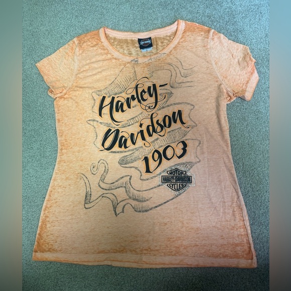 Harley-Davidson Nassau orange   and Black Logo with rhinestones Tee size xl - Picture 1 of 4